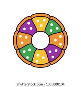 Colorful web icon with The King of Cake. Sugar bagel in traditional purple, green and yellow palette. The King Bread is christian symbol of Mardi Gras or Fat Tuesday - vector pictogram