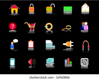 Colorful web internet icons on black