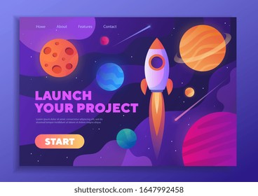 Colorful web template - Launch Your Project with a rocket zooming through space past planets and copy space for text, vector illustration