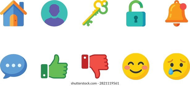 Colorful web UI icon set featuring home, user, key, unlock, bell, chat bubble, thumbs up, down, and emoji vectors
