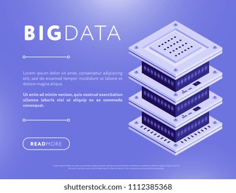 Colorful webpage design with isometric tower of big data network server and text box on blue background - Powered by Shutterstock - Get 15% off with code: PIKWIZARD15