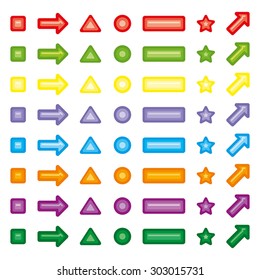 Colorful website buttons - square, circle, triangle, rectangle, arrow, star
