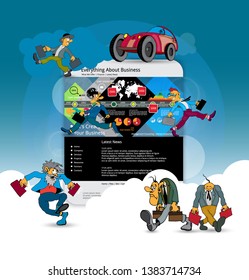 Colorful website design for business with cartoon characters, vector