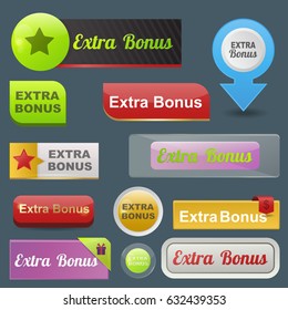 Colorful website extra bonus buttons design vector illustration glossy graphic label template banner.