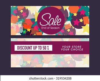 Colorful website header or banner set for End of Season Sale with 50% discount offer.