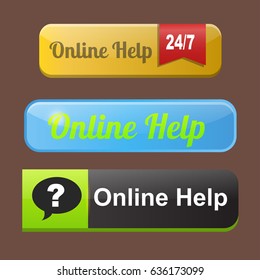 Colorful website online help buttons design vector illustration glossy graphic label template banner.