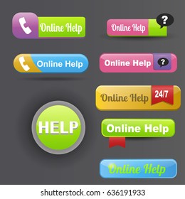 Colorful website online help buttons design vector illustration glossy graphic label template banner.