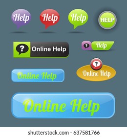 Colorful website online help buttons design vector illustration glossy graphic label template banner.