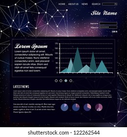 Colorful Website Template with galactic background, geometrical shapes and infographic elements. Easy to edit. Vector illustration.