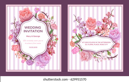 Colorful wedding invitation cards with greeting text in elegant frames and blossom flowers on striped background vector illustration