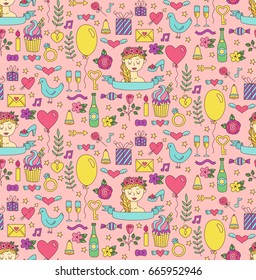 Colorful wedding love valentine's day save the date wedding party seamless vector pattern doodles drawings