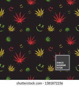 Colorful weed leaf with smiling face seamless pattern background.