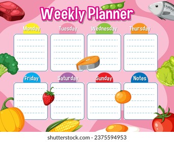 Colorful weekly planner for children featuring food and fruit illustrations