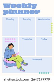Colorful Weekly Planner with Habit Tracker and Character Illustration