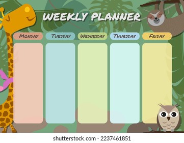 colorful weekly planner school schedule template for children with giraffe, owl and sloth, vector illustration