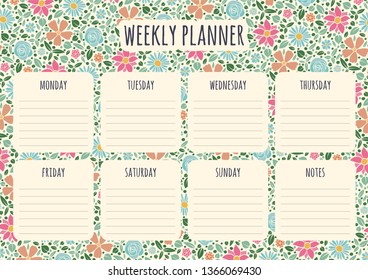 Colorful weekly planner template with floral background. Vector