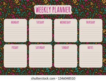 Colorful weekly planner template with serpentines. Vector