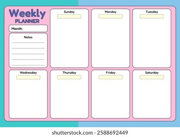 A colorful weekly planner template with space for daily tasks, a notes section, and a month selection field.