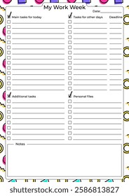 A colorful weekly task planner with sections for main tasks, additional tasks, personal files, and deadlines.