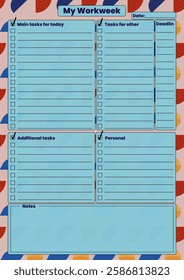 A colorful weekly task work planner with sections for main tasks, additional tasks, personal tasks, deadlines, and notes.