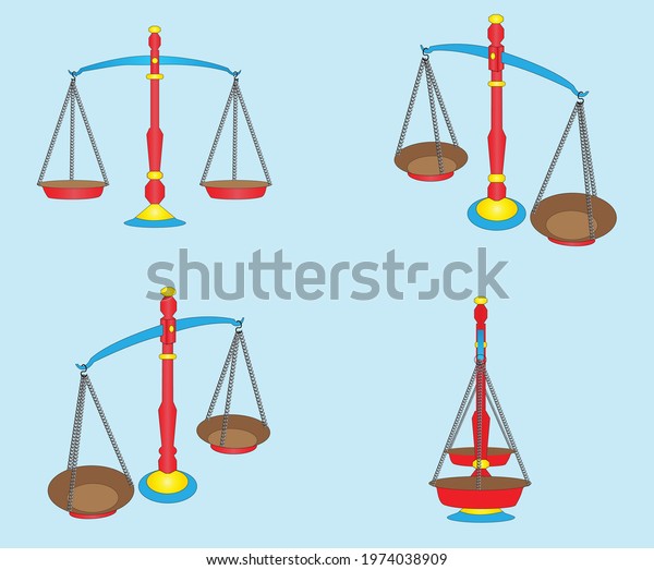 colorful weight scale with\
chain arm in various angles, Justice scales, Law balance symbol,\
Libra sign
