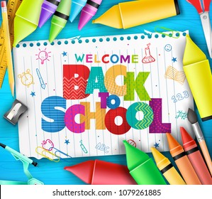 Colorful Welcome Back to Shool Text in  a One Piece Paper Sleeve with School Items in Blue Wooden Background. Vector Illustration
