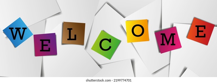 colorful welcome banner in stack of white paper