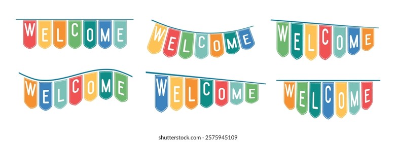 Colorful Welcome Pennants "A cheerful collection of colorful pennants, each displaying the word 'WELCOME' in a warm and inviting way."