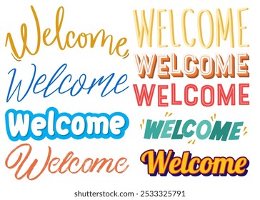 Colorful Welcome Text Sets, Vibrant Typography Designs, Cheerful Greeting Elements, Bright and Festive Decor, Fun and Inviting Lettering