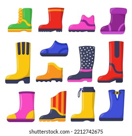 Colorful Wellington boots vector illustrations set. Collection of rubber shoes or wellies for men, women, children or whole family on white background. Autumn or fall, fashion or footwear concept