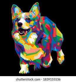 colorful Welsh Corgi dog head with cool isolated pop art style backround. WPAP style