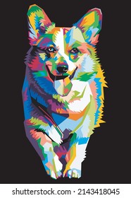 colorful Welsh Corgi dog head with cool isolated pop art style background. 