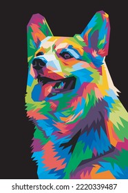 colorful Welsh Corgi dog head with cool isolated pop art style background. 