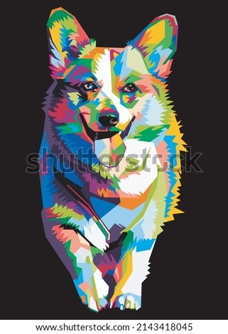 colorful Welsh Corgi dog head with cool isolated pop art style background. 