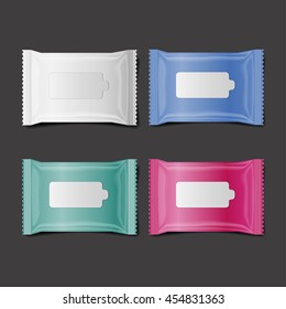 colorful wet wipes package realistic vector, isolate, 3D, set of 4

