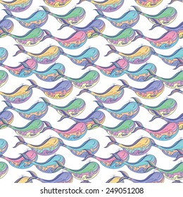Colorful whale pattern | Colorful vector sea pattern in sketch style with sea fishes