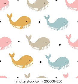 Colorful whale seamless pattern. sea creatures background hand drawn design in cartoon style use for textiles, clothing patterns, prints, wallpaper Vector Illustration