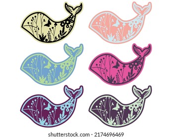 Colorful Whales mandala vector illustration. Butterflies and flowers. 