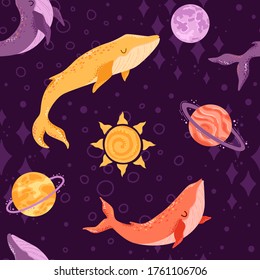 Colorful whales in space with planets and stars on a blue background. Night sky, seamless pattern