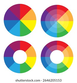 Colorful wheel diagrams. Rainbow spectrum circles. Color palette vector. Vibrant design wheels.