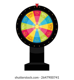 Colorful wheel of fortune for lucky promotions with gift prize and sale discount. Fortune spinning wheel game. Rotating roulette, lottery game with pointer on 5 % off win. Isolated. Vector