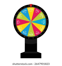 Colorful wheel of fortune for lucky promotions with gift prize and sale discount. Fortune spinning wheel game. Rotating roulette, lottery game with pointer on spin again. Isolated. Vector