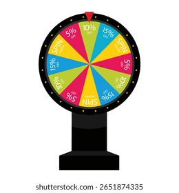 Roda de fortuna colorida para promoções de sorte com prêmio de presente e desconto de venda. Fortune jogo de roda girando. Rotação roleta, jogo de loteria com ponteiro em 10 % de vitória. Isolado. Vetor