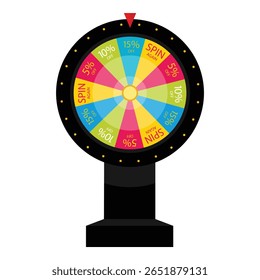 Roda de fortuna colorida para promoções de sorte com prêmio de presente e desconto de venda. Fortune jogo de roda girando. Rotação roleta, jogo de loteria com ponteiro em 15 % de vitória. Isolado. Vetor