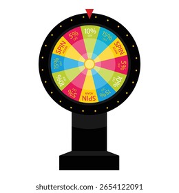 Roda de fortuna colorida para promoções de sorte com prêmio de presente e desconto de venda. Fortune jogo de roda girando. Rotação roleta, jogo de loteria com ponteiro em 10 % de vitória. Isolado. Vetor