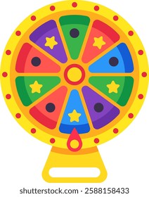 Colorful wheel of fortune is spinning with colored segments, stars and dots, creating excitement and anticipation for lottery, raffle or game show