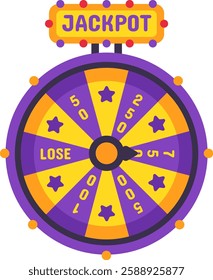 Colorful wheel of fortune spinning with jackpot sign, showing different numbers and stars, gambling and risk, winning and losing money, fortune