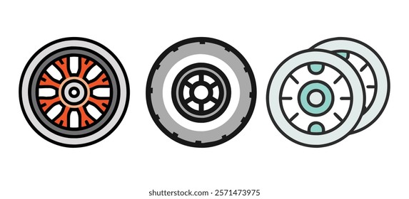 Colorful wheel and tire icon trio, A set of three colorful icons featuring wheels and tires with unique designs, representing automotive, transportation, and mechanical themes. 
