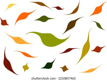 Colorful whimsical falling leaves, autumn colors. Leaf pattern. Isolated vector illustration, transparent background. Asset for montage, texture, wrapping paper or banner.