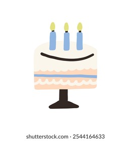 Colorido, caprichoso ilustración de un pastel de cumpleaños con tres velas encendidas. Perfecto para celebraciones, fiestas y ocasiones festivas. El diseño simple evoca una atmósfera lúdica y alegre